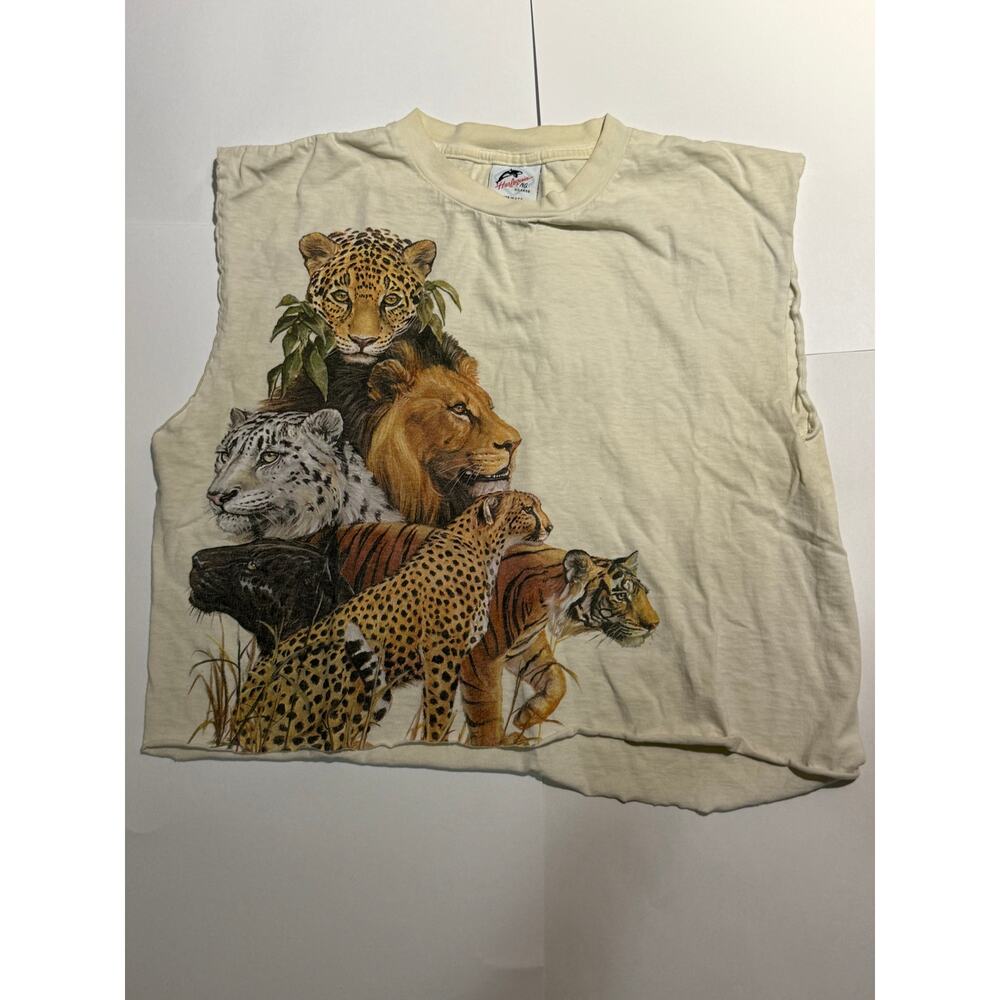 Vintage Harlequin NG Big Cats Graphic T Shirt Cut Off Sleeveless Tank Top XL